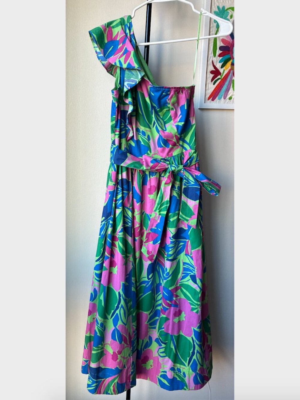 J. Crew One Shoulder Ruffle Floral Green Belted Dress - Size 2